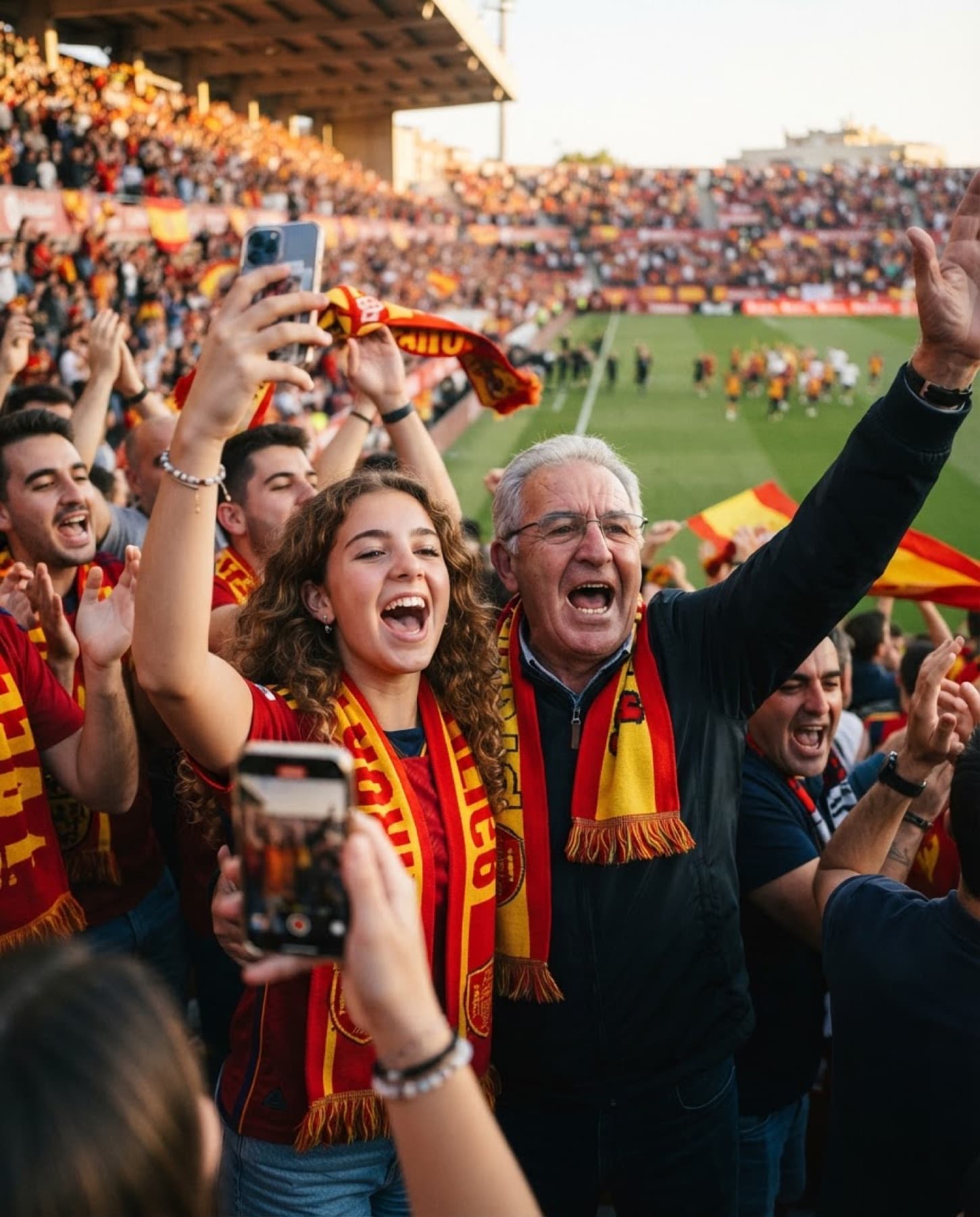 Una chica y su abuelo celebran un gol en la grada