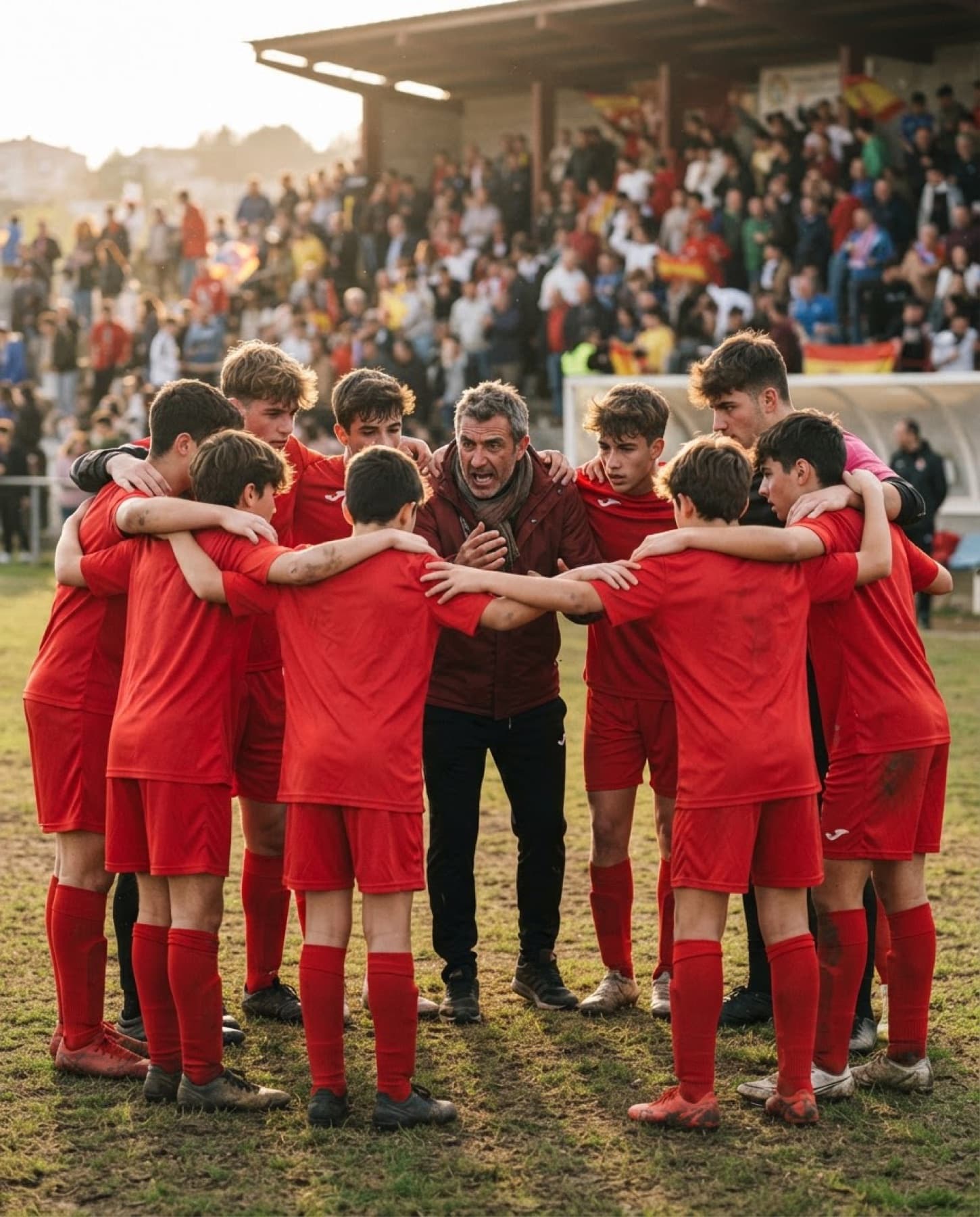 Equipo de fútbol modesto en piña con su entrenador antes del partido