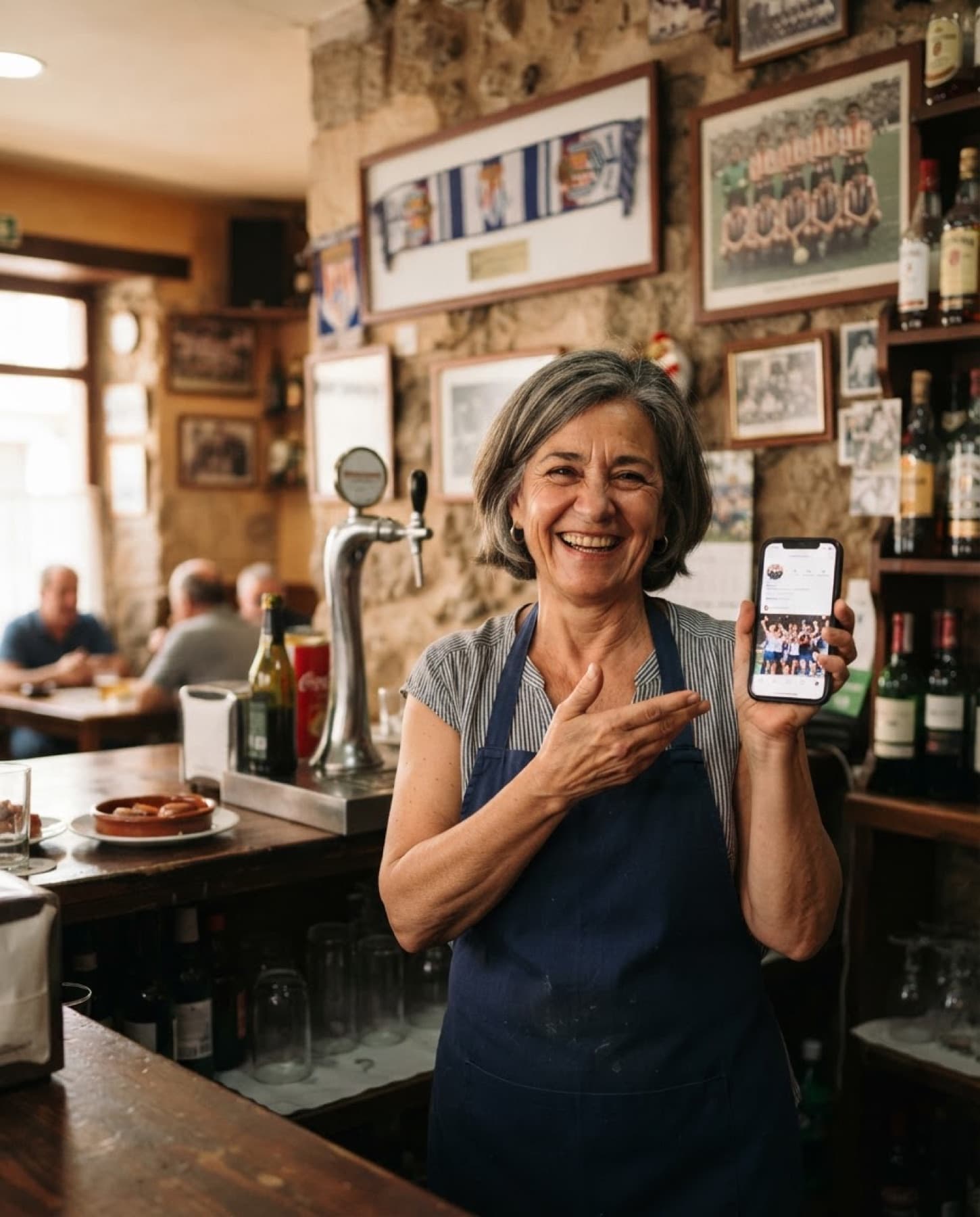 La dueña de un bar patrocinador enseña en el móvil un aviso del club